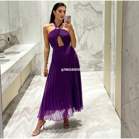 ZARA Purple Halter Pleated Midi Dress NWT Gold Buckle Cutout, Size L, XL - Picture 15 of 16